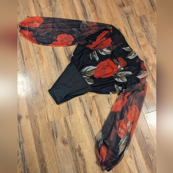 Fashion Nova Black and Red Mesh Floral Bodysuit - Picture 8 of 8